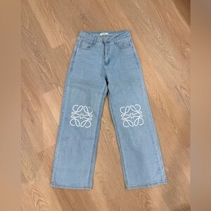 Loewe Light Blue Straight Wide Leg Jeans with White Knee Logo Vintage S